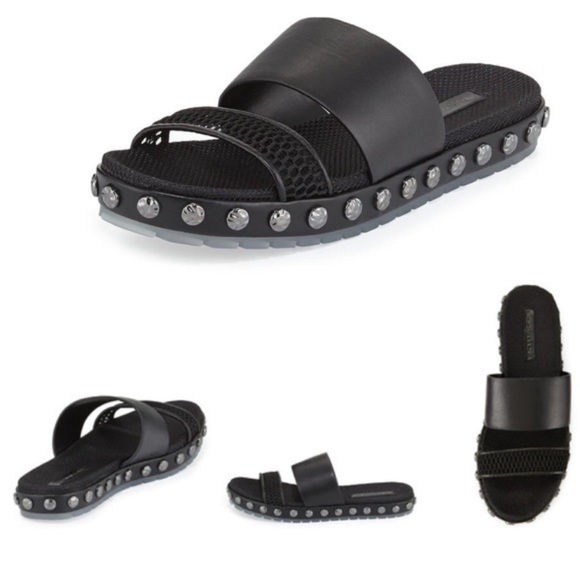 BCBG Black Studded Leather Slip On Sandals Size 6 - Picture 1 of 15